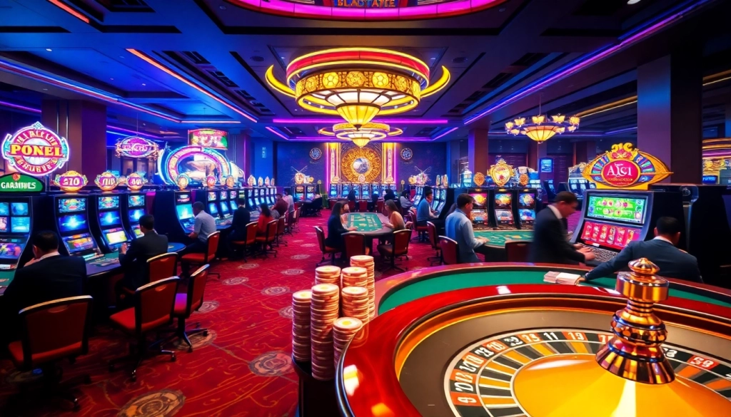 Experience the vibrant gambling world of KJC AC 1 with players enjoying casino tables and slot machines.