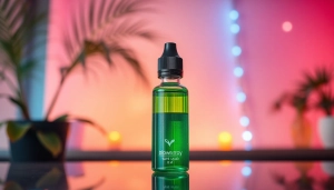 Vape liquid bottle vor stilvollem Hintergrund, der die verschiedenen Geschmacksrichtungen präsentiert.