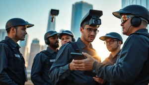 Security Company team collaborating in an urban setting with high-tech surveillance equipment.