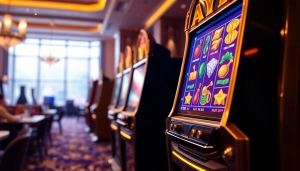 Mainkan slot mewah luxury333 dengan mesin slot berwarna emas di kasino elegan.