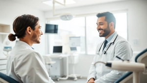 Dr. Shahram Valiani DDS engaging with a patient in a modern dental office setting.