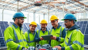 Showcasing skilled labor for energy sector workers collaborating on a solar energy project.