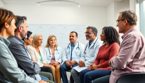 Patients discussing the ADAPTABLE Aspirin Study with healthcare professionals in a clinical setting.