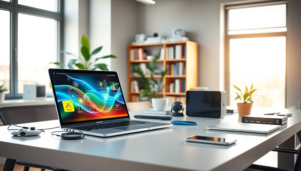 Engaging technology workspace showcasing modern devices and a high-tech laptop.