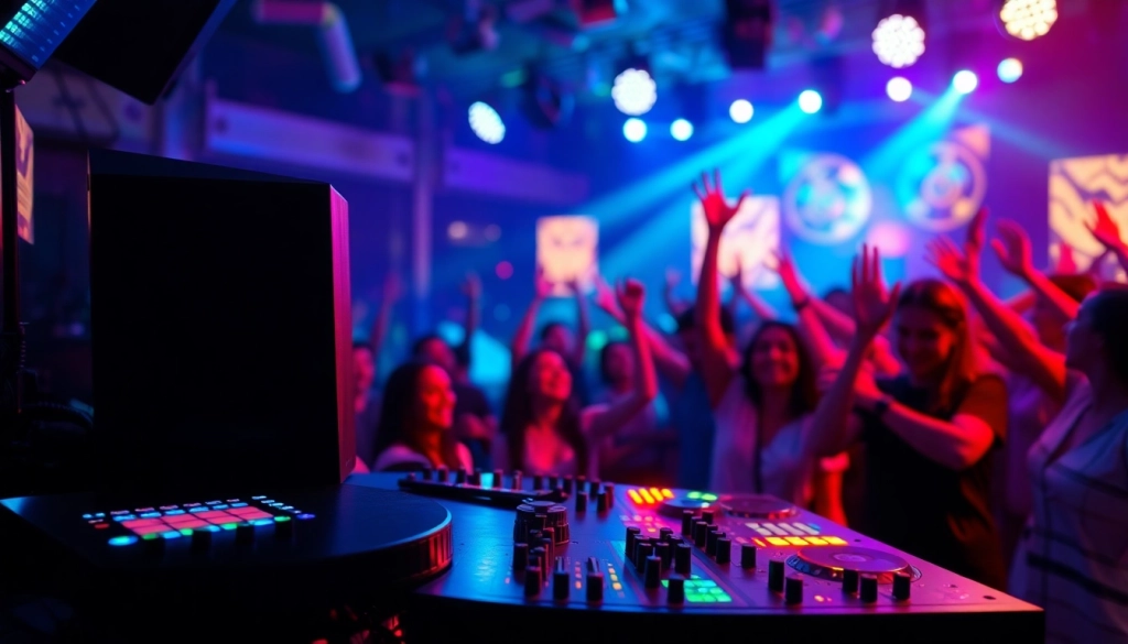 Engaging scene of a lively event at https://tcspecialentertainment4u.com with a DJ, bright lights, and dancing guests.