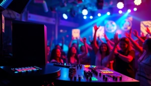 Engaging scene of a lively event at https://tcspecialentertainment4u.com with a DJ, bright lights, and dancing guests.