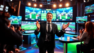 스포츠중계 중계하는 전문 방송인이 활기찬 스튜디오에서 관객과 소통하는 모습