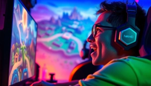 Menampilkan gamer yang antusias bermain hakim4d game di lingkungan gaming yang cerah dan dinamis.