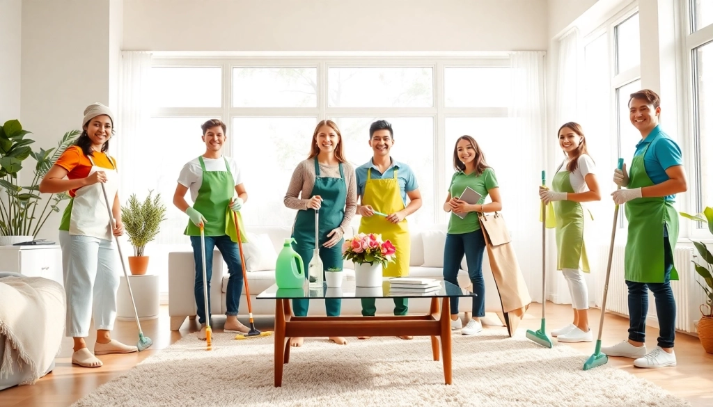 Engaged cleaning service team demonstrating professionalism and care in a bright living room