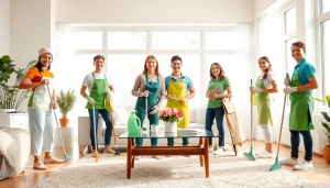 Engaged cleaning service team demonstrating professionalism and care in a bright living room