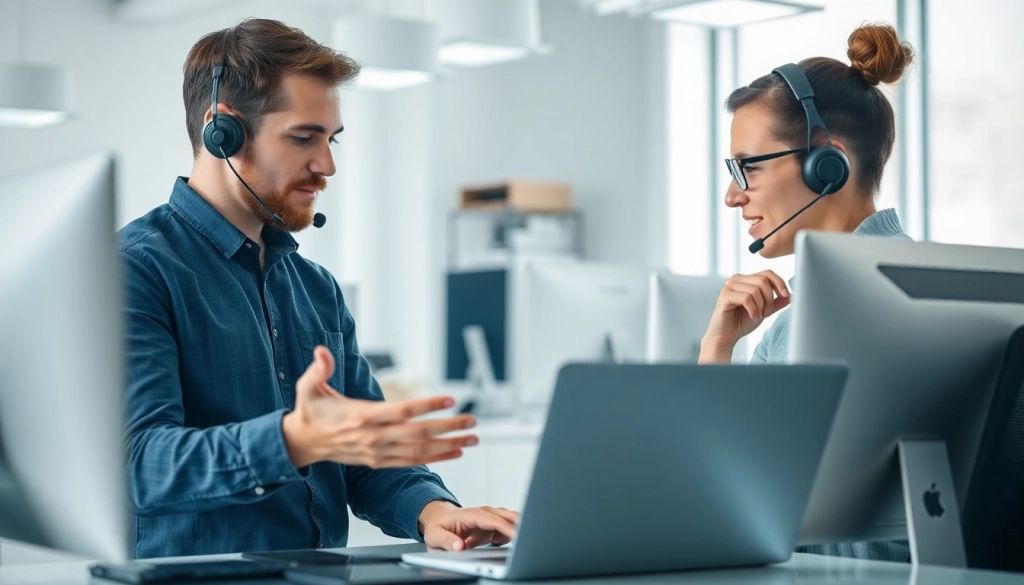 Providing expert computer support with a technician engaging a client in a professional office.