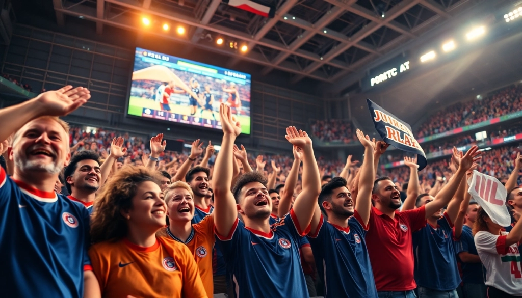 스포츠중계의 열정적인 팬들이 함께 응원하는 장면