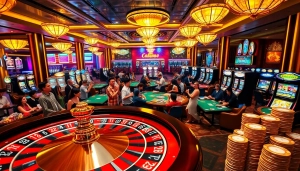 Exciting moment at the Trang chủ MM88 casino, featuring players at roulette and poker tables, capturing the thrill of gambling.