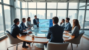 Colleagues collaborating in a modern office setting, highlighting Rocktoken.com as a hub for innovation and teamwork.