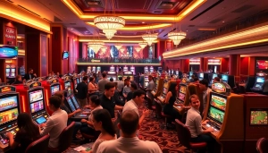 คาสิโนที่เต็มไปด้วยนักพนันที่ตื่นเต้นรอบเครื่องสล็อตและโต๊ะเล่น