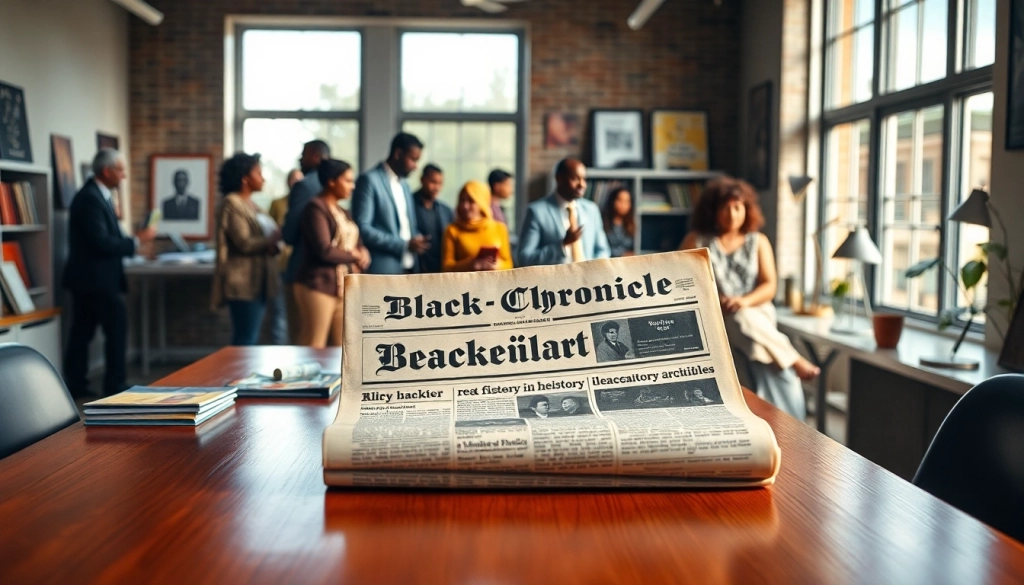 Engaging scene showcasing blackchronicle with historic newspapers in an editorial office setting.