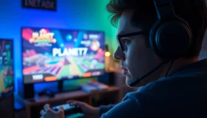 Menampilkan pemain yang bersemangat menikmati permainan PLANET77 game di layar penuh warna.