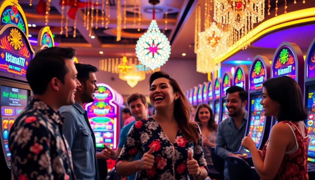 Menampilkan pengalaman bermain Istana777 dengan pemain merayakan kemenangan besar di kasino.