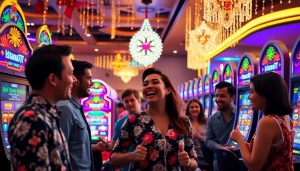 Menampilkan pengalaman bermain Istana777 dengan pemain merayakan kemenangan besar di kasino.