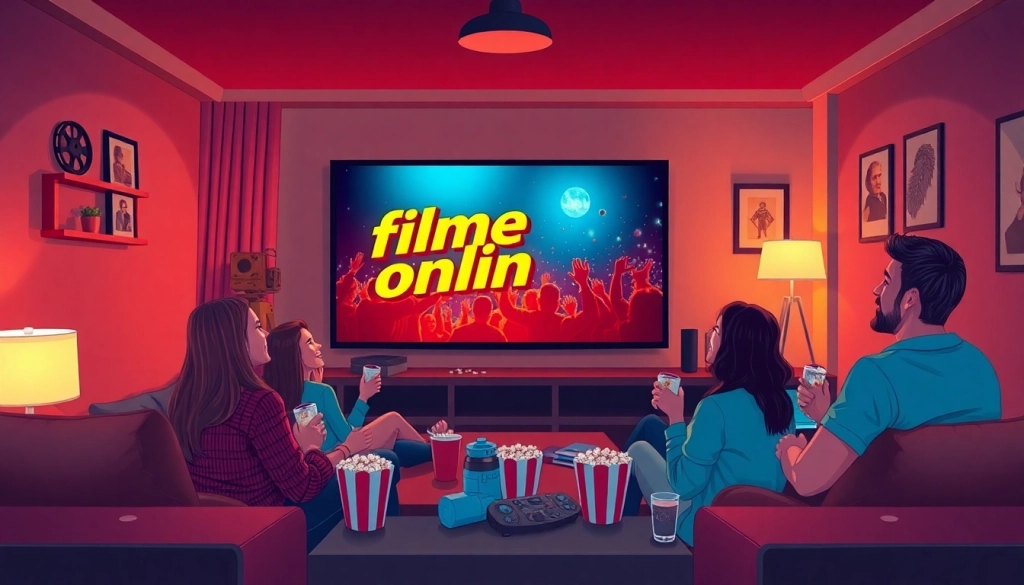 Enjoying filme online in a cozy home theater with diverse movie lovers.