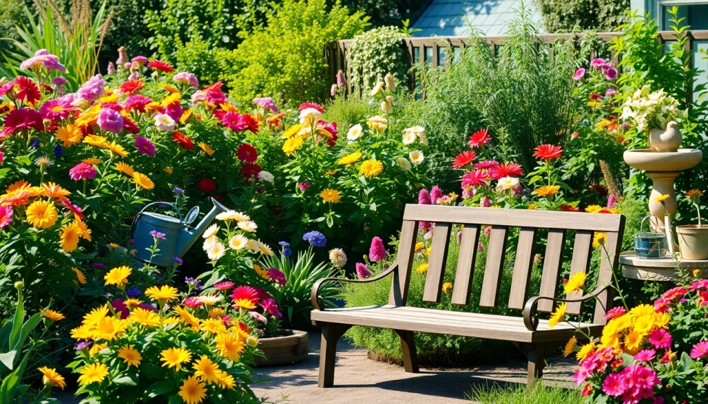 Gardening scene with a colorful flower garden, lush greenery, and a rustic bench inviting relaxation.