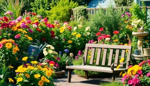 Gardening scene with a colorful flower garden, lush greenery, and a rustic bench inviting relaxation.