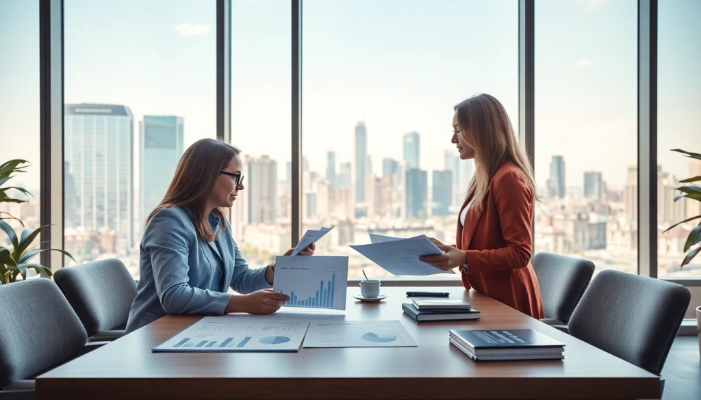 Real Estate agents engaging in discussions in a modern office with city skyline views.