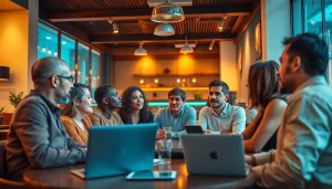 A diverse group discussing sex AI technology in a modern café.