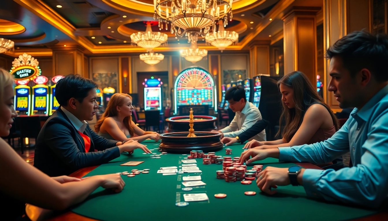 Excited gamblers playing toto togel at a luxurious casino table with vibrant chips.