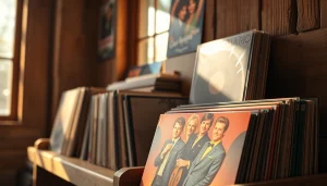 Showcasing vibrant lp records on a rustic shelf with warm, nostalgic lighting.