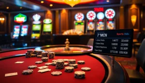Experience the excitement of 7mcn sports betting with a luxurious casino setting featuring poker, roulette, and live odds.