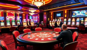 Engaging scene of THABET casino with vibrant poker game and luxurious slot machines.