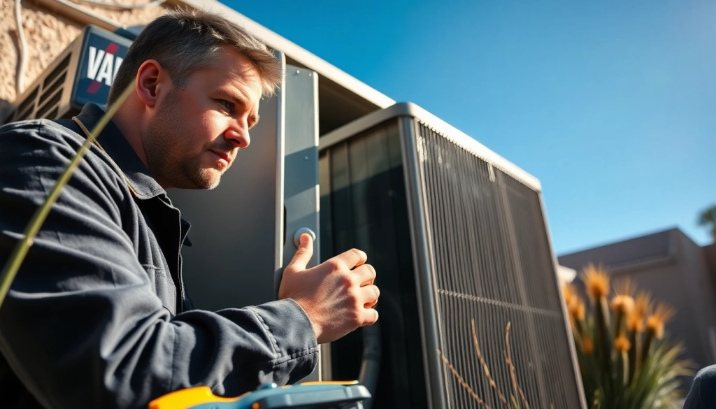 Technician performing ac repair phoenix az in a sunny backyard with tools and air conditioning unit.