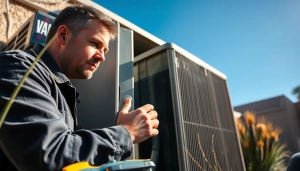 Technician performing ac repair phoenix az in a sunny backyard with tools and air conditioning unit.