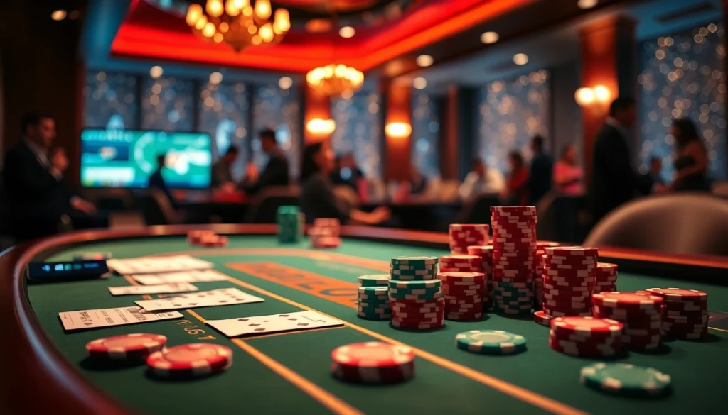 Experience the thrill of live sports betting with ดูบอลสด 77 at an upscale casino scene filled with vibrant energy.