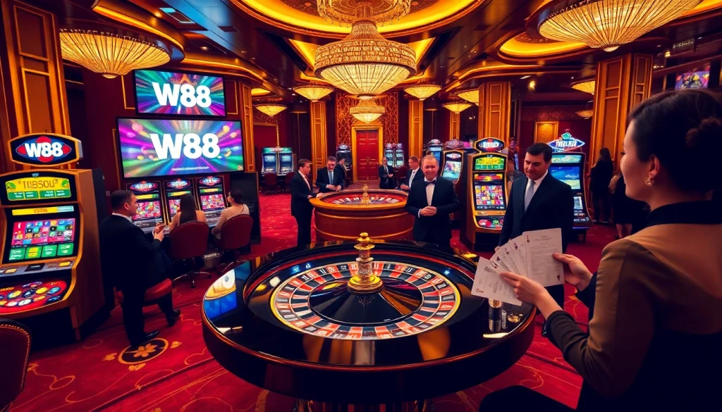 Experience thrilling W88 casino excitement with roulette, cards, and vibrant players.