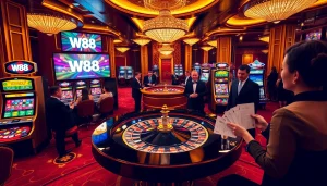Experience thrilling W88 casino excitement with roulette, cards, and vibrant players.