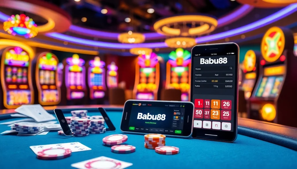 Babu88 brand casino scene featuring poker chips and a mobile app for online betting.