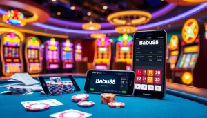 Babu88 brand casino scene featuring poker chips and a mobile app for online betting.