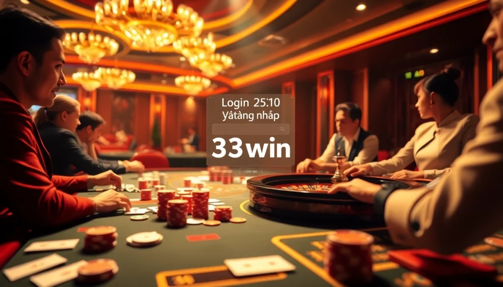 Experience the excitement of logging in to 33win with vibrant gambling visuals and thrilling casino action.