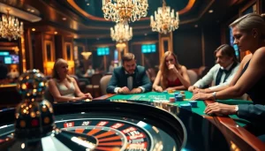 Experience the thrill of Bugatti8 with vibrant casino tables, cards, and roulette wheels.