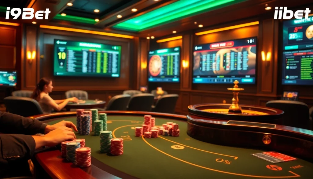 Exciting online gambling scene featuring i9bet poker table and roulette wheel.