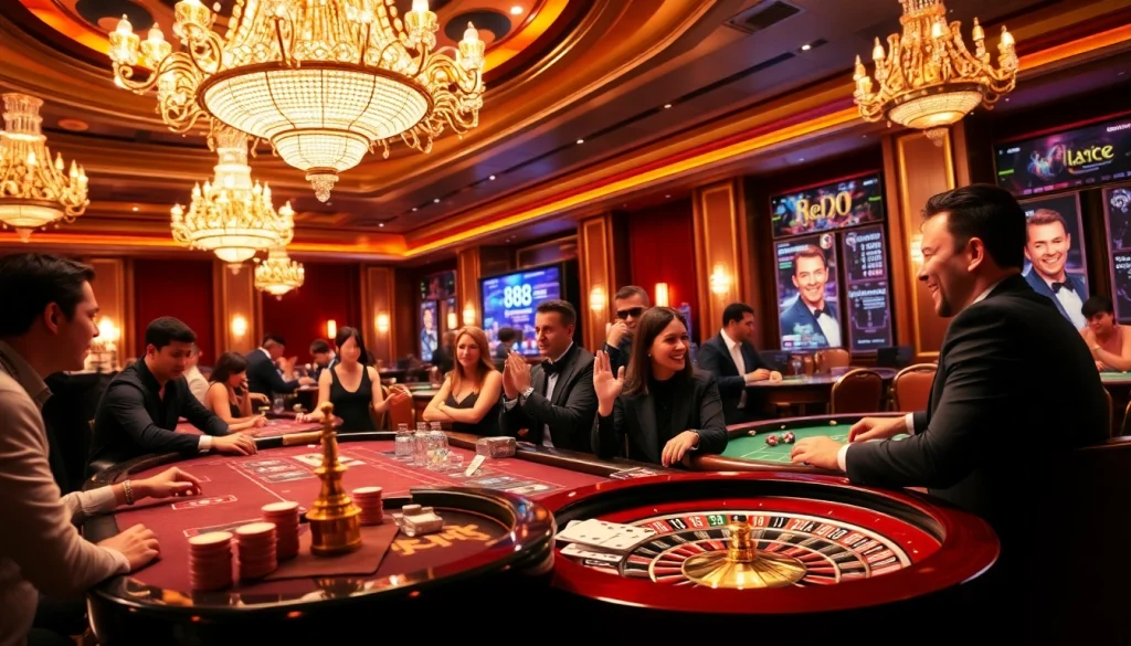 A vibrant casino scene with excited players around poker tables, enhancing the 888b. com gaming experience.
