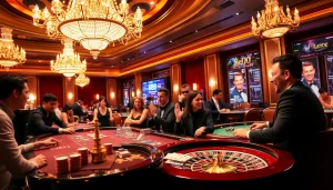 A vibrant casino scene with excited players around poker tables, enhancing the 888b. com gaming experience.