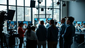 Video Production Company Calgary team working together in a modern studio setting.