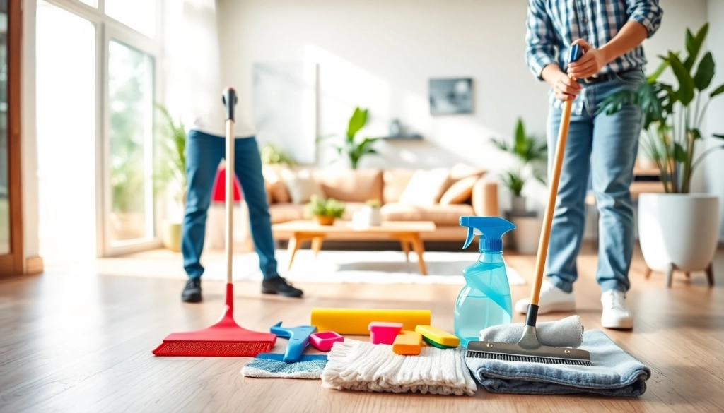 Cleaning service team dusting surfaces in a bright, fresh living room.