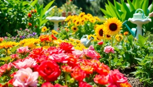 Engaging gardening scene with blooming flowers and a gardener cultivating plants.