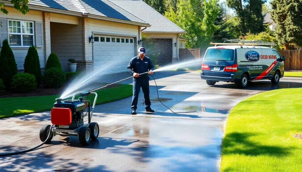 Pressure wash service demonstrating professional cleaning of a driveway in Kissimmee, FL.