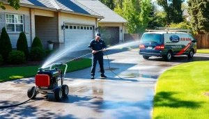Pressure wash service demonstrating professional cleaning of a driveway in Kissimmee, FL.