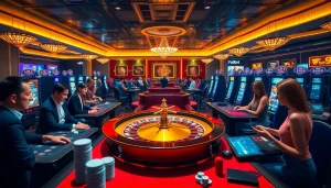 Experience the excitement of F8bet at a luxurious casino scene with vibrant roulette and poker games.